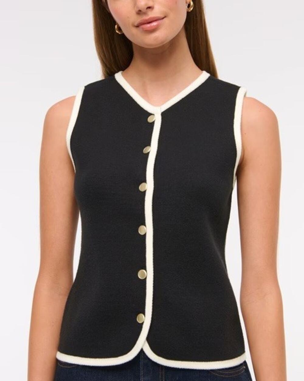Abercrombie Mara V-Neck Gold Button Sweater Vest Womens M Black Preppy Old Money